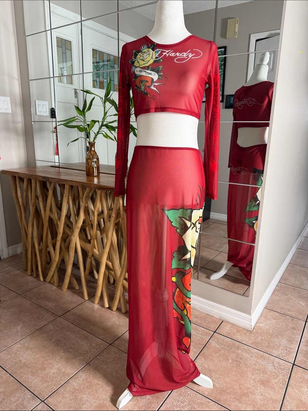 Ed Hardy Mesh Red Long-Sleeve Floral Graphic Two-Piece Beach Maxi Dress